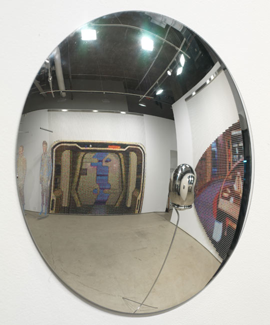 "Mirror Universe," partial Installation view, seen reflected in a convex mirror, works by Devorah Sperber, New York City, Work debuted in the Star Trek inspired exhibition  "Mirror Universe" at Caren Golden Fine Art, March 20- April 26, 2008, NYC