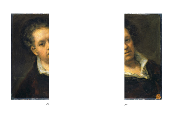 After Goya: Self Portrait (1815) divided along the vertical axis with each side mirrored to create two symmetrical images, by Devorah Sperber, 2006, edition of 100 archival prints commissioned by: Calcografia Nacional de Madrid, Spain