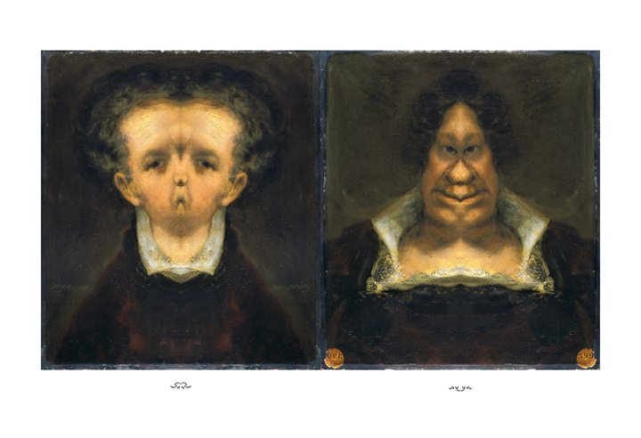 After Goya: Self Portrait (1815) divided along the vertical axis with each side mirrored to create two symmetrical images, by Devorah Sperber, 2006, edition of 100 archival prints commissioned by: Calcografia Nacional de Madrid, Spain