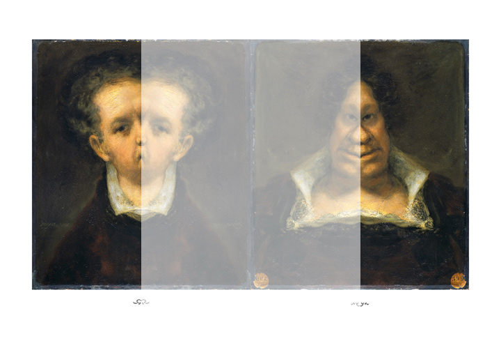 After Goya: Self Portrait (1815) divided along the vertical axis with each side mirrored to create two symmetrical images, by Devorah Sperber, 2006, edition of 100 archival prints commissioned by: Calcografia Nacional de Madrid, Spain