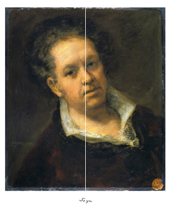 After Goya: Self Portrait (1815) divided along the vertical axis with each side mirrored to create two symmetrical images, by Devorah Sperber, 2006, edition of 100 archival prints commissioned by: Calcografia Nacional de Madrid, Spain